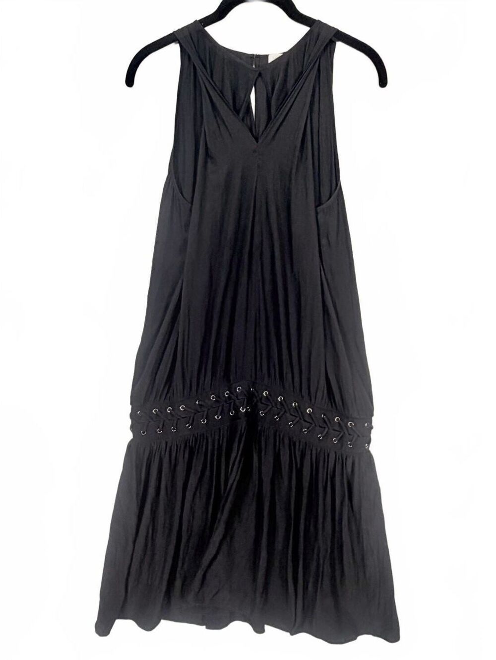 Ramy Brook Mannie Drop Waist Mini Dress Black Grommet Lace Up Sleeveless Small